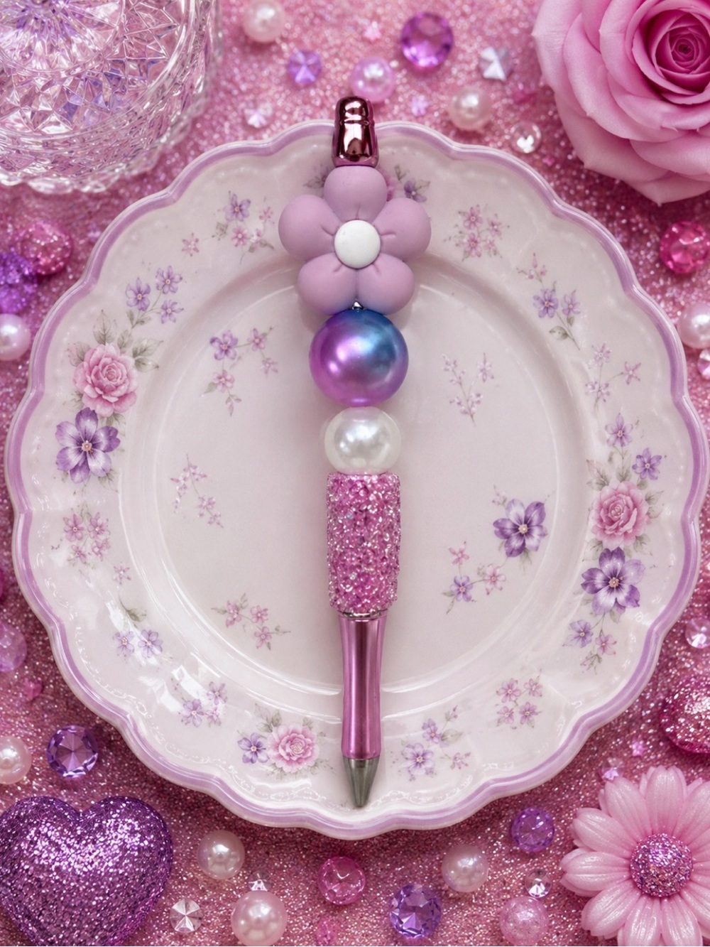 Pink Floral Crystal Ballpoint Pen - Decorative Pink Flower Design
